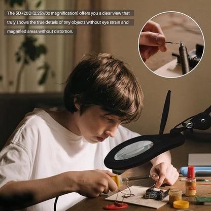 Bifocals LED Magnifying Lamp with Clamp, 5 Diopter with 20 Diopter, 5 Inch Magnifier Glass Lens, 1200 Lumens Dimmable Magnifier Lamp for Desk Craft Hobby with 60PCS Bright LEDs