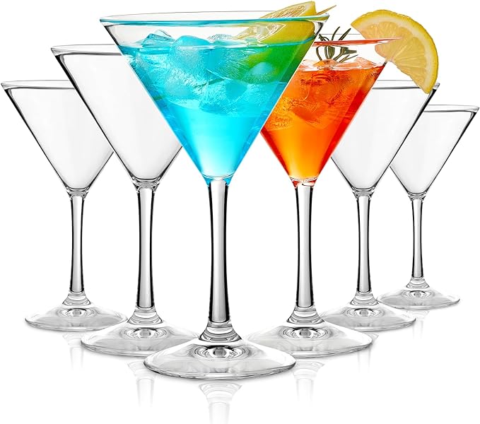 Unbreakable Martini Glasses Set of 6, 10 oz Plastic Martini Cocktail Glasses with Stem, Reusable Cocktail Glasses for Bar, Margarita, Whiskey, Gin, Tequila, BPA-Free, Top Rack Dishwasher-Safe, Clear