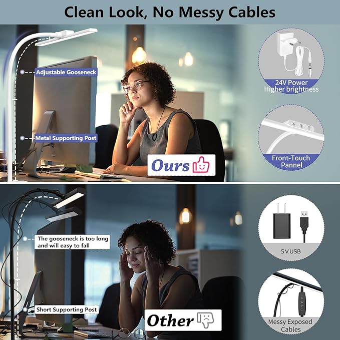 EppieBasic Desk Lamp, Architect Desk Lights for Home Office, Eye Care Led Desk Lamps with Clamp Dimmable & 4 Color Modes, 24V Bright Table Lamp Office Lighting for Working Reading Study（White）