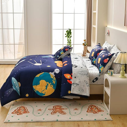 Spaceship Comforter Set Full Size, 8 Piece Bed in a Bag Rocket Space Bedding Sets for Boys Girls Kids