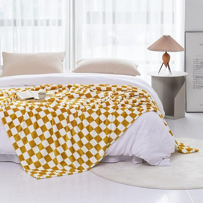 LOMAO Throw Blankets Flannel Blanket with Checkerboard Grid Pattern Soft Throw Blanket for Couch, Bed, Sofa Luxurious Warm and Cozy for All Seasons (Yellow, 90"x90")