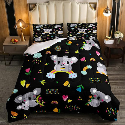 Erosebridal Koala Comforter Set, Kids Rainbow Bedding Set King Size Flower Love Heart Duvet Sets for Girls Boys Children Cute Animal Cartoon Down Comforter 3 Pieces with 2 Pillow Cases, Black