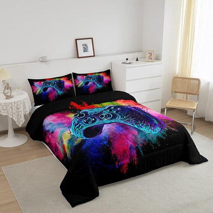 Erosebridal Boys Gaming Bed Comforter Set King Size,Kids Gamer Bedding Sets Girls,Colorful Tie Dye Video Game Quilt Comforter Navy Blue Gamepad Lightweight Bedding Set 1 Comforter with 2 Pillowcases