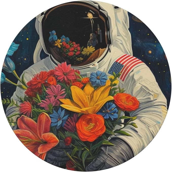 Astronaut with Flowers in Space Round Tablecloth Fitted Table Cover The Flower Seller Washable Tablecloths for Kitchen Dining Party 40-44 Inch