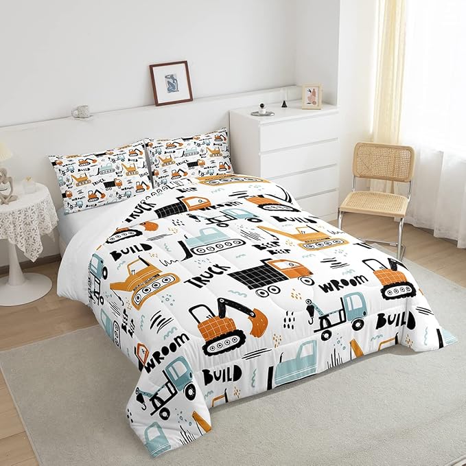 Feelyou Kids Cartoon Excavator Bedding Set Boys Vehicles Truck Car Comforter Child Cute Building Equipment Comforter Set Funny Construction Transport Duvet Set Colorful Room Decor Queen Size Boys