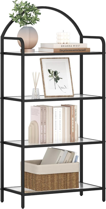 Bookcase Bookshelf, Tempered Glass Bookshelves, Slim Shelving Unit for Bedroom, Bathroom, Home Office, Steel Frame, 4 Tier Black BC21499B