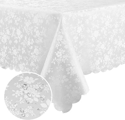 Smiry Rectangle Waterproof Heavy Duty Vinyl Tablecloths, 60 x 102 Inch | Wipeable Washable Floral Embossed Table Cover for Kitchen and Dining Room, Indoor & Outdoor Use, White
