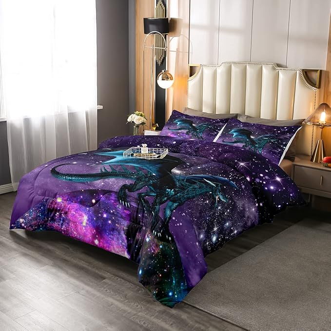 Erosebridal Dragon Bedding Set Purple Nebula Comforter Set Full Size Mysterious Outer Space Duvet Set Trippy Bedding Set for Kids Boys Girls Teens Room Decor, Safari Wildlife Animals Quilt Set