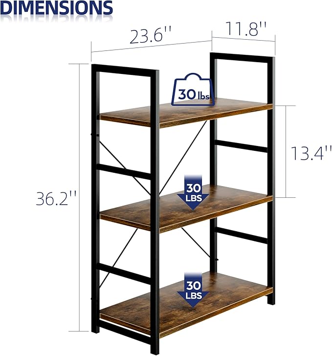 NUMENN 3 Tier Bookshelf, Bookcase Shelf Storage Organizer, Modern Book Shelf for Bedroom, Living Room and Home Office, Vintage