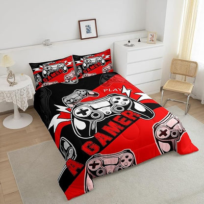 Erosebridal Gaming Comforter Sets for Boys Kids Gamer Comforter Set,Video Game Bedding Set Red Black Gamepad Quilt Duvet Set Men Boys Bedroom Decor,King Size 3Pcs