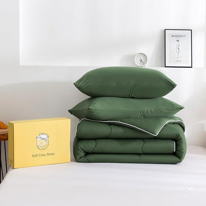COTTEBED 3 Pieces Softness Comforter Set KING Size Bed, California Cal King Jersey Knit T-Shirt Feel Ultra-Soft Comy Lightweight 1 Bedding Quilt Blanket Conforter & 2 Pillowsham All Season Olive Green