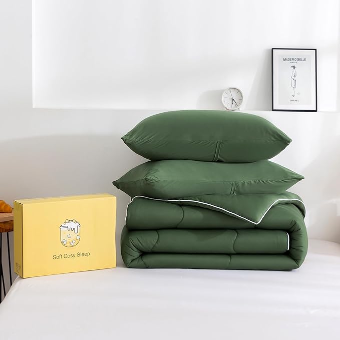 COTTEBED 3PCS Olive Green Comforter Set Queen Size - Jersey Knit T-Shirt Feeling Ultra-Soft Cute Cozy Lightweight Bedding Blanket Quilt Down Set & Pillowcase for All Season Use, Full Queen 88x92 inch