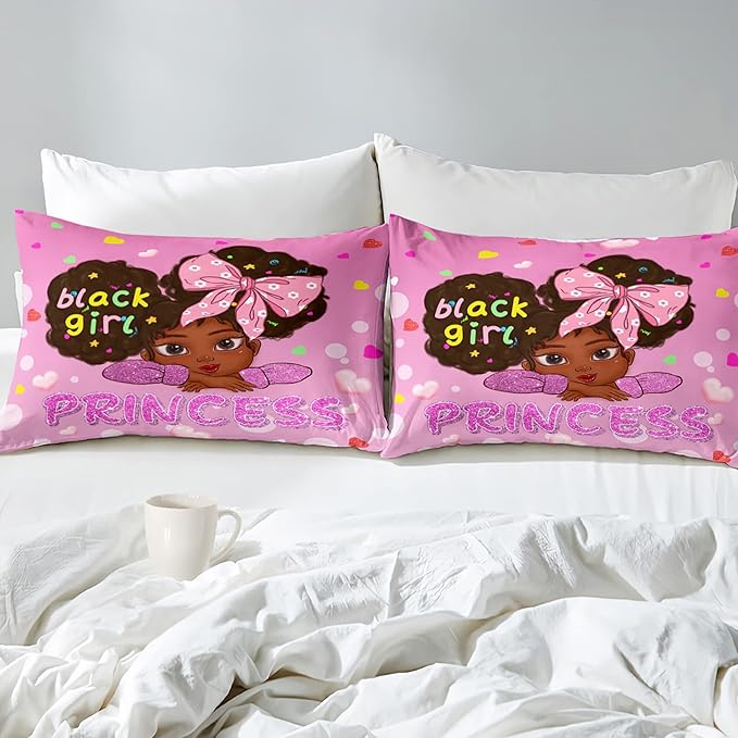 Black Girl Full Size Comforter Sets for Girls-Black African American Girls Full Size Bedding Sets Pink Princess Full Size Comforter Sets Girls Room, Full (1 Comforter 2 Pillowcases)