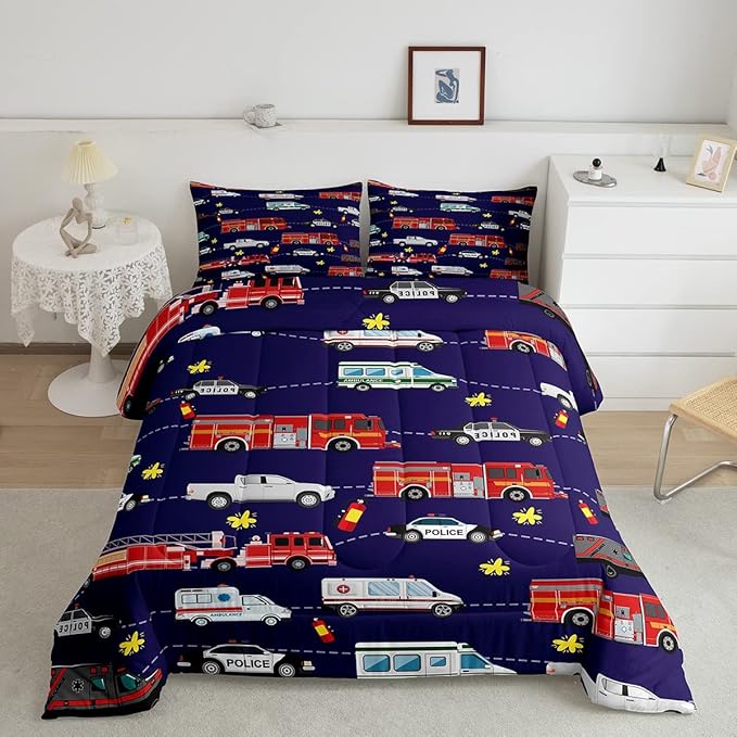 Fire Truck Bedding Bed Set Police Car Comforter Set for Kids Boys Girls Teens Decor Engine Ambulance Cute Comforter Emergency Vehicle Blue Soft Quilt Room 3Pcs Full Size Boys