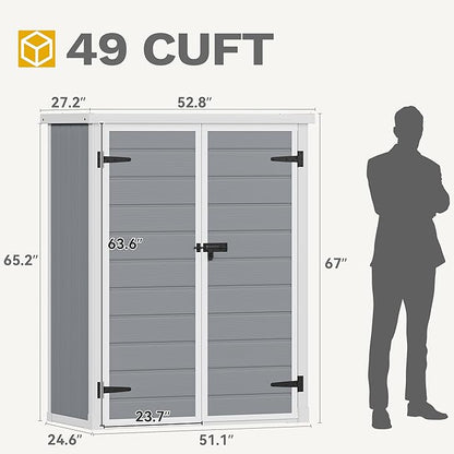 DWVO 49 Cuft Outdoor Tall Storage Shed with 2 Shelves, Weatherproof Vertical Tool Shed with Floor & Lockable Doors, Sturdy Double-Wall Plastic Cabinet for Garbage Cans and Garden Equipment (Gray)