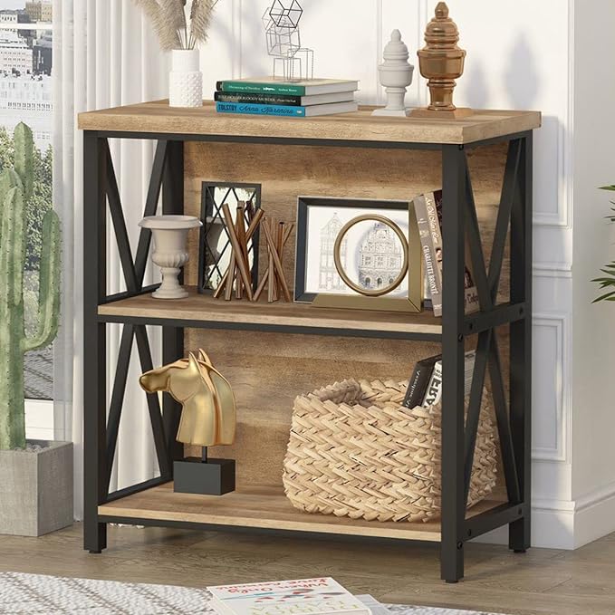 FATORRI Small Bookcase, Wood and Metal Low Short Bookshelf, Industrial Book Case and Rustic Book Shelf for Small Space (Rustic Oak)