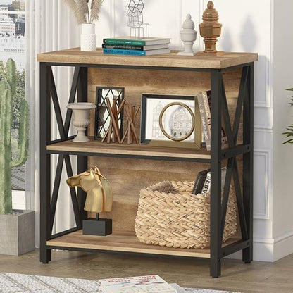 FATORRI Small Bookcase, Wood and Metal Low Short Bookshelf, Industrial Book Case and Rustic Book Shelf for Small Space (Rustic Oak)