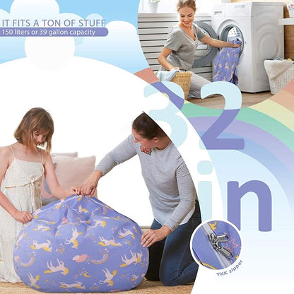 Aubliss Stuffed Animal Bean Bag Storage Chair (Light Blue Unicorn, Medium (32''))