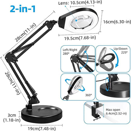 Magnifying Glass with Light and Stand & Clamp, Magnifying Desk Lamp with LED Lighted 5X Magnifier, Dual Fixtures, Upgraded Switch, for Hobby Craft Repair Reading Precision Work
