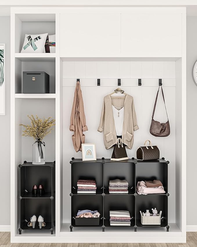 FUNLAX Cube Storage Shelf, 6 Storage Cubes Closet Organizers and Storage Portable Cube Storage Organizer Plastic Bookshelf Bookcase for Study Room, Bedroom, Office, Black