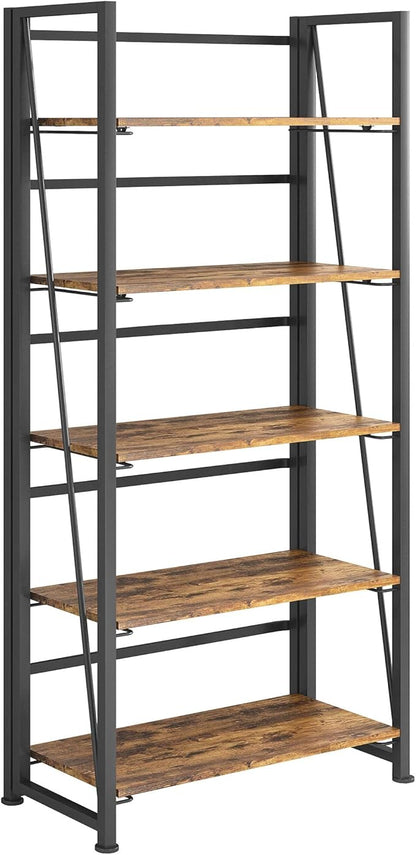 No-Assembly Folding Bookshelf Storage Shelves 5 Tiers Vintage Multifunctional Plant Flower Stand Storage Rack Shelves Bookcase for Home Office(Firestone and Black)