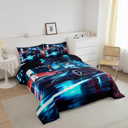 Feelyou City Racing Car Bedding Set Twin Size for Kids Boys Extreme Sport Games Comforter Set Teens Toddler Fast and Furious Duvet Set Cool Modern Quilt Set 2Pcs