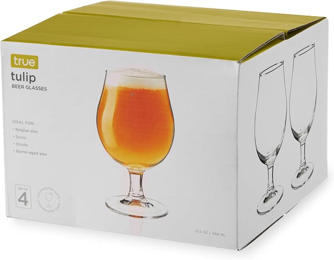 True Classic Tulip Beer Glasses, Sparkling Clear Drinking Glasses for Belgian Ales, Sours, IPA Beers, Cocktails, Gifts for Men, Game Night, Happy Hour, Home Bar, Elegant Glassware, 15 oz, Set of 4