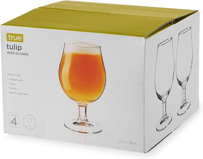 True Classic Tulip Beer Glasses, Sparkling Clear Drinking Glasses for Belgian Ales, Sours, IPA Beers, Cocktails, Gifts for Men, Game Night, Happy Hour, Home Bar, Elegant Glassware, 15 oz, Set of 4