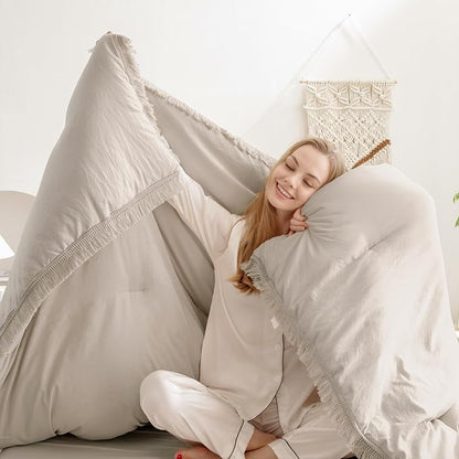 Andency Oatmeal Comforter Set Twin Size, 2 Pieces Boho Tassel Lightweight Bedding Comforter Sets, All Season Soft Fluffy Fringe Bed Set (66x90In Comforter & 1 Pillowcase)