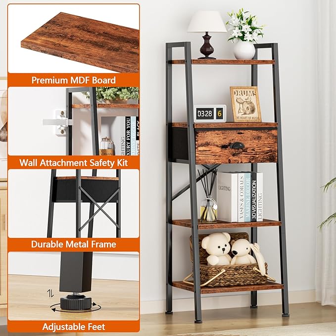 Furologee 4 Tier Ladder Shelf, Narrow Ladder Book Shelf with Drawer, Modern Bookcase Freestanding Shelf Units, Storage Shelves Organizer for Bedroom, Living Room, Bathroom, Home Office, Rustic Brown