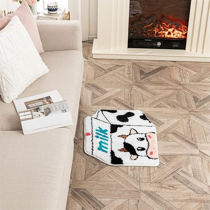 Milk Cow Bathroom Rugs Milk Box Shaped Animals Non Slip Cute Bath Rug Soft Absorbent Microfiber Bathtub Door Mat for Bathroom Kitchen Floor Tub Shower Rug Black White