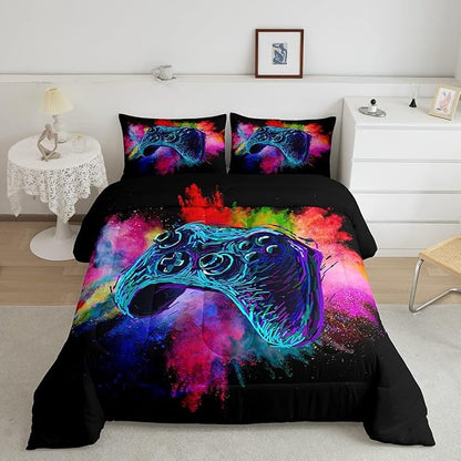 Kids Gamer Twin Size Comforter Set For Boys Teen Gaming Bedding Sets Video Game Room Deocr Girls Colorful Tie Dye Bed Set Navy Blue Gamepad Soft Lightweight Comforter For All Season 1 Pillowcase