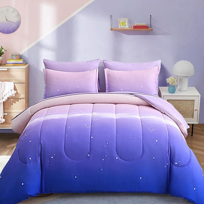 Dinjoy Girls Comforter Set King Size Rainbow Ombre Purple Lavender Pink Bedding Set Gradient 6 Pieces Bed in A Bag for Kids Teen Girl Women(1 Comforter, 1 Flat Sheet, 1 Fitted Sheet)