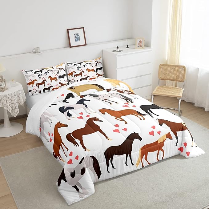 Erosebridal Kawaii Comforter Horse Comforter Set King Farm Bedding Set Kids Boys Girls Cute Animal Duvet Set Cartoon Horses with Pink Lover Heart Bedroom Decor Duvet Set Cowboy Cowgirls Comforter Set