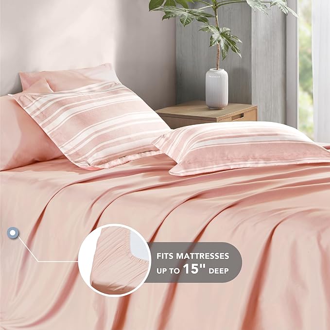 Codi Bed in a Bag Twin Size Complete Set, Pink and White Striped Single Comforter Set 5 Piece for Teen Girls, Modern Neutral Cationic Dyeing Bed Sets with Comforter, Sheets, Pillowcases & Shams