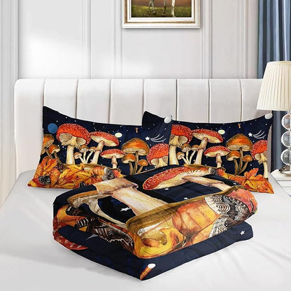Galaxy Mushroom Comforter Set Full Size Kids Mushroom Butterfly Bedding Set Leaves Quilt Bed Set for Boys Girls Adults with 1 Comforter and 2 Pillowcases