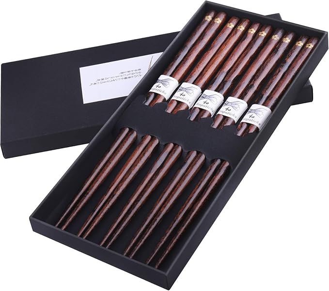 GLAMFIELDS Reusable Chopsticks Japanese Natural Wooden Classic Style 5 Pairs Lightweight Hand-Carved Safe Chop Sticks 8.8 Inch/22.5cm Gift Set