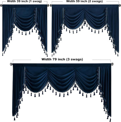Navy Blue Velvet Waterfall Valances W39 inches, 1 Panel | Classic Valance Curtains for Bay Window, Kitchen, Victorian Match Curtains for Backdrops, Rod Pocket