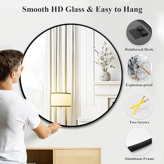 Fabuday Black Round Mirror 39 Inch - Big Circle Wall Mirror for Bathroom, Living Room, Hallway, Entryway, Matte Aluminum Frame Large Circular Mirrors for Wall Decor