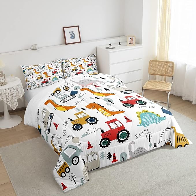 Feelyou Construction Comforter Set Kids Cartoon Dinosaur Comforter Cover Set for Boys Equipment Trucks Bedding Set Construction Vehicles Kawaii Jungle Dino Duvet Set Room Decor Quilt Set Queen Size