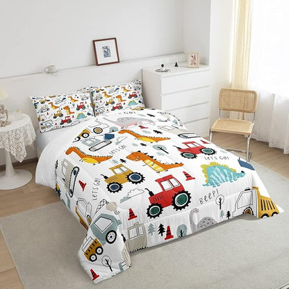 Feelyou Construction Comforter Set Kids Cartoon Dinosaur Comforter Cover Set for Boys Equipment Trucks Bedding Set Construction Vehicles Kawaii Jungle Dino Duvet Set Room Decor Quilt Set Queen Size