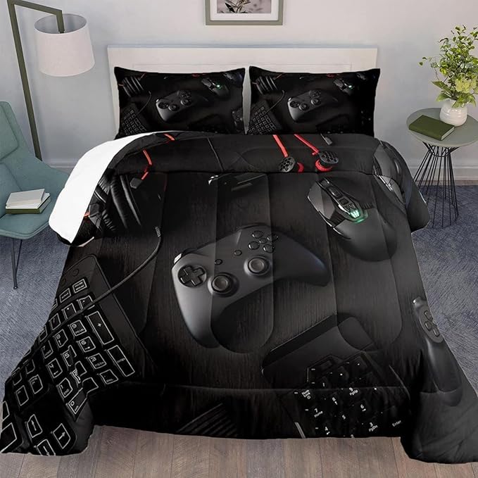 Gamer Comforter Set for Boys Teen Kids Full Size Gaming Comforter Soft Microfiber Gampad Quilt and Pillowcase Video Game Bedding Sets Room Decor (Color 1,Full)