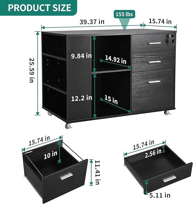 YITAHOME File Cabinet, Mobile Lateral Filing Cabinet with Lock for Home Office, Printer Stand with Open Storage Shelf, Fits A4, Letter, Legal Size Files, Office Furniture, Black