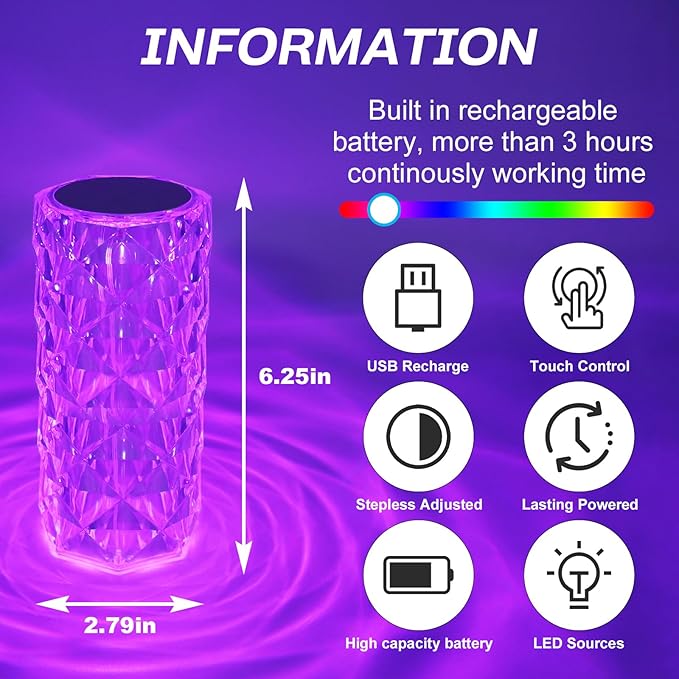 Rose Touch Lamp RGB Night Light, USB Rechargeable Touch Remote Control Crystal Light for Bedroom Living Room Home Decor Colorful Decorative Lights
