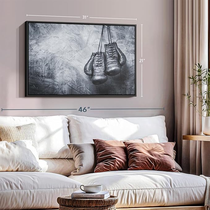 ElephantStock Boxing Gloves Wall Art - Horizontal Framed Canvas - 1-Piece Living Room Wall Decor - Photography Sports Canvas Print - Black and Gray Decor for Wall - 31" X 21"