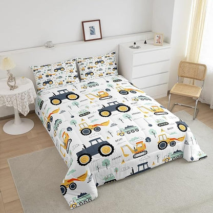 Cartoon Cars Kids Comforter Set Tractor Boys Comforter Cute Excavator Decor Kawaii Soft Bedding Set Cartoon Trees Cars Colorful All Season Quilt Room 3Pcs Full Size Boys