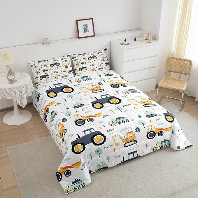 Feelyou Cartoon Cars Kids Comforter Set Tractor Boys Comforter Cute Excavator Decor Kawaii Soft Bedding Set Cartoon Trees Cars Colorful All Season Quilt Room 2Pcs Twin Size Boys