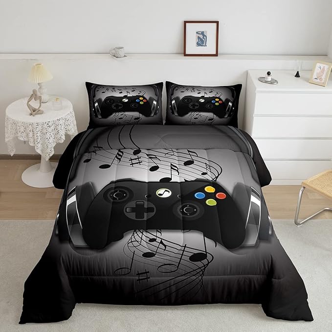 Gamer Comforter Set Twin Size,Black Grey Headphones Musical Design Games Gamepad Bedding Set for Kids Boys Video Game Room Decor Retro Playing Gamer Down Comforter Gaming Controller Quilted Duvet Set
