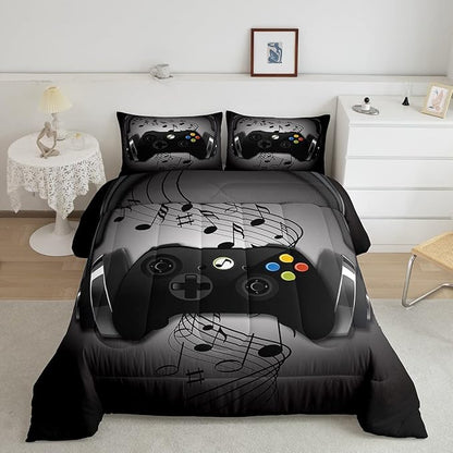 Gamer Comforter Set Queen Size,Black Grey Headphones Musical Design Games Gamepad Bedding Set for Kids Boys Video Game Room Decor Retro Playing Gamer Down Comforter Gaming Controller Quilted Duvet Set