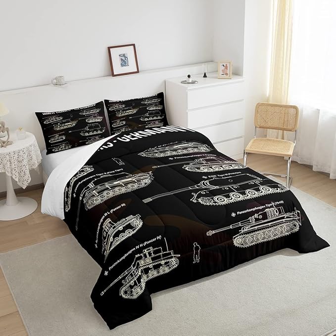 Tank Comforter Set King, War Theme Bedding Set, Soldier Dirt Bike Camouflage Army Acting Down Comforter for Kid Boy Teen Men,Camo Vintage Style Quilt Set, Military Vehicle Duvet Set Room Decor